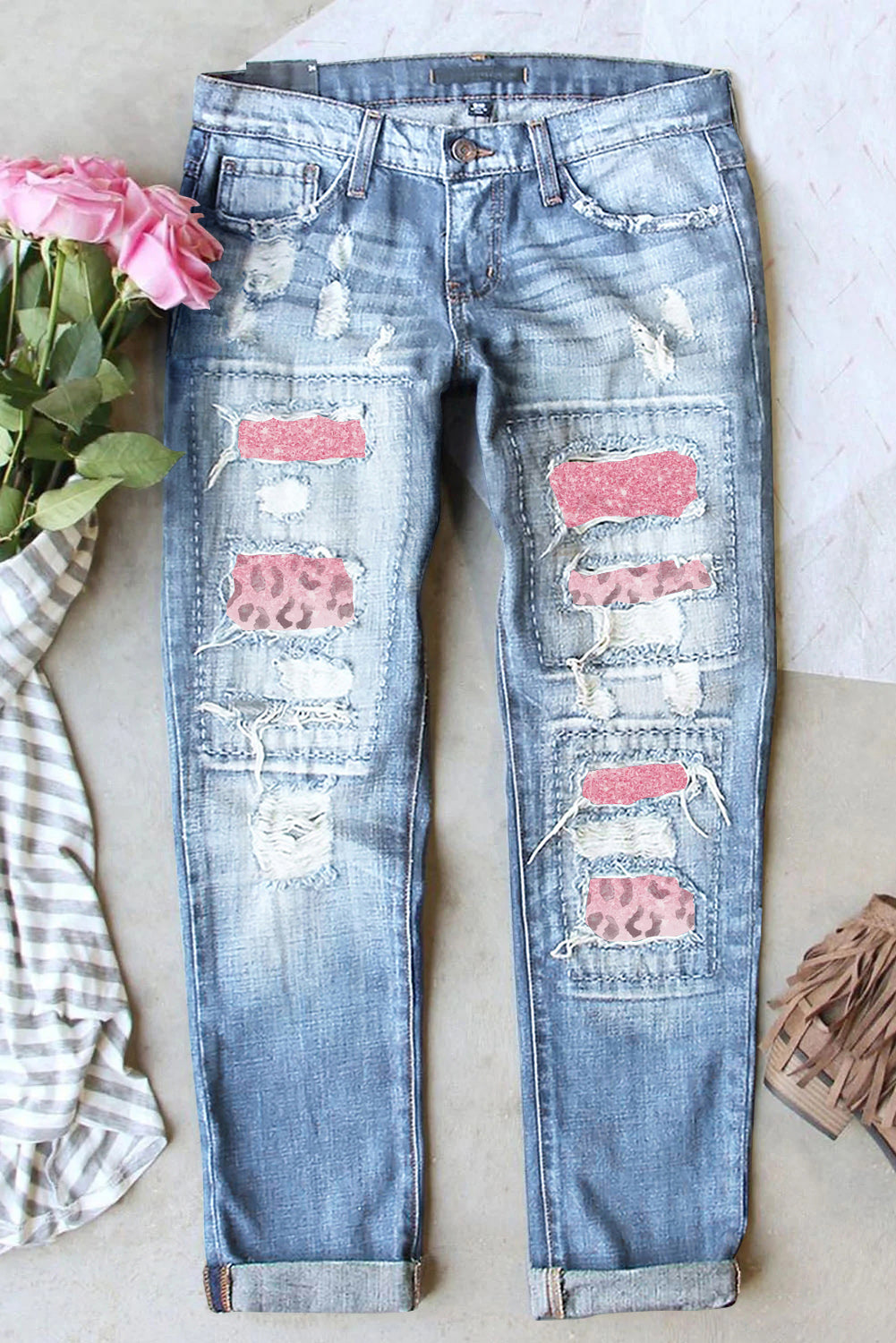 Women's Jeans with Gradient Patchwork Leopard-Print