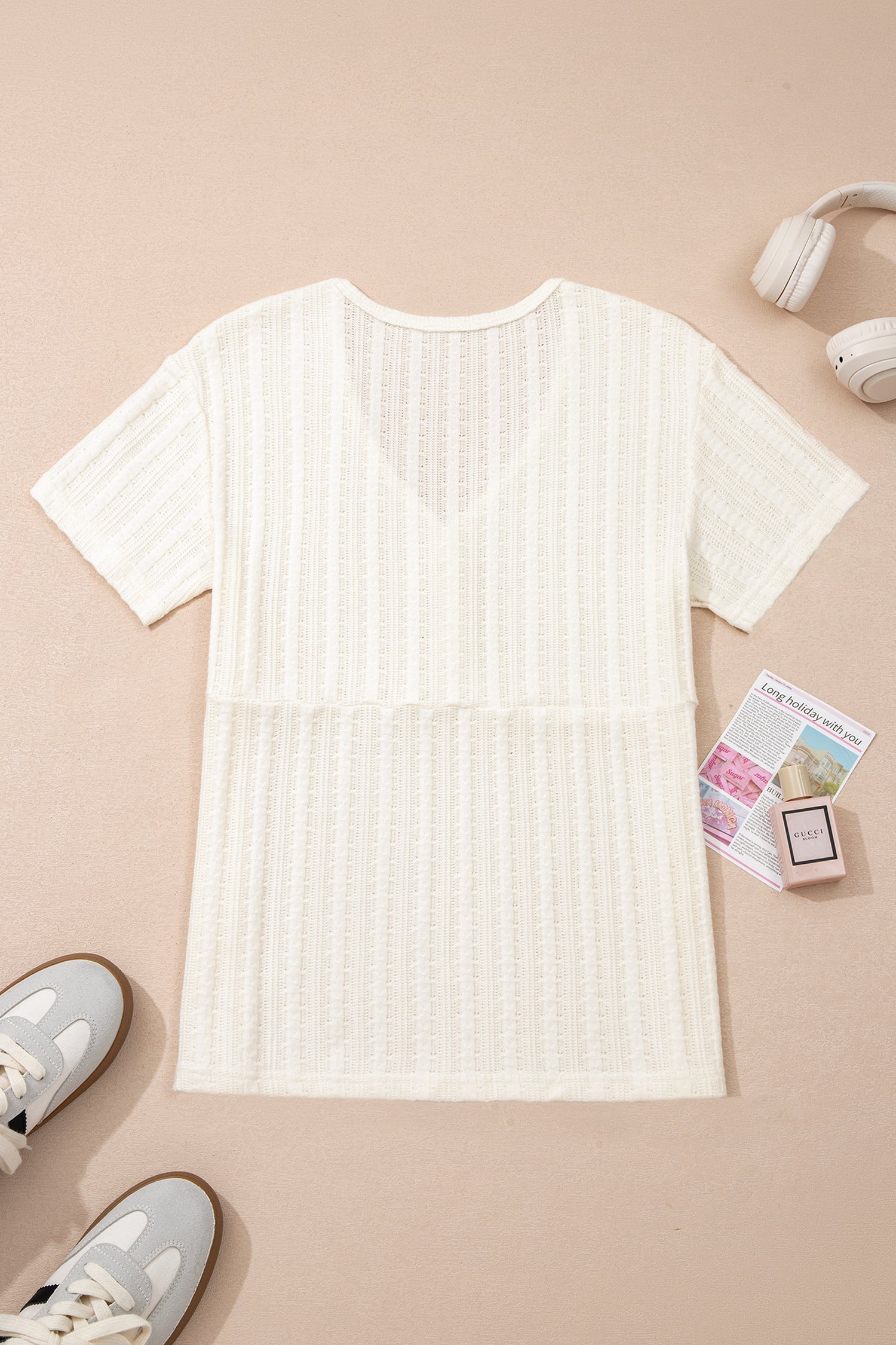 Button V-Neck Textured V-Neck Raw Seam Henley Tee in White