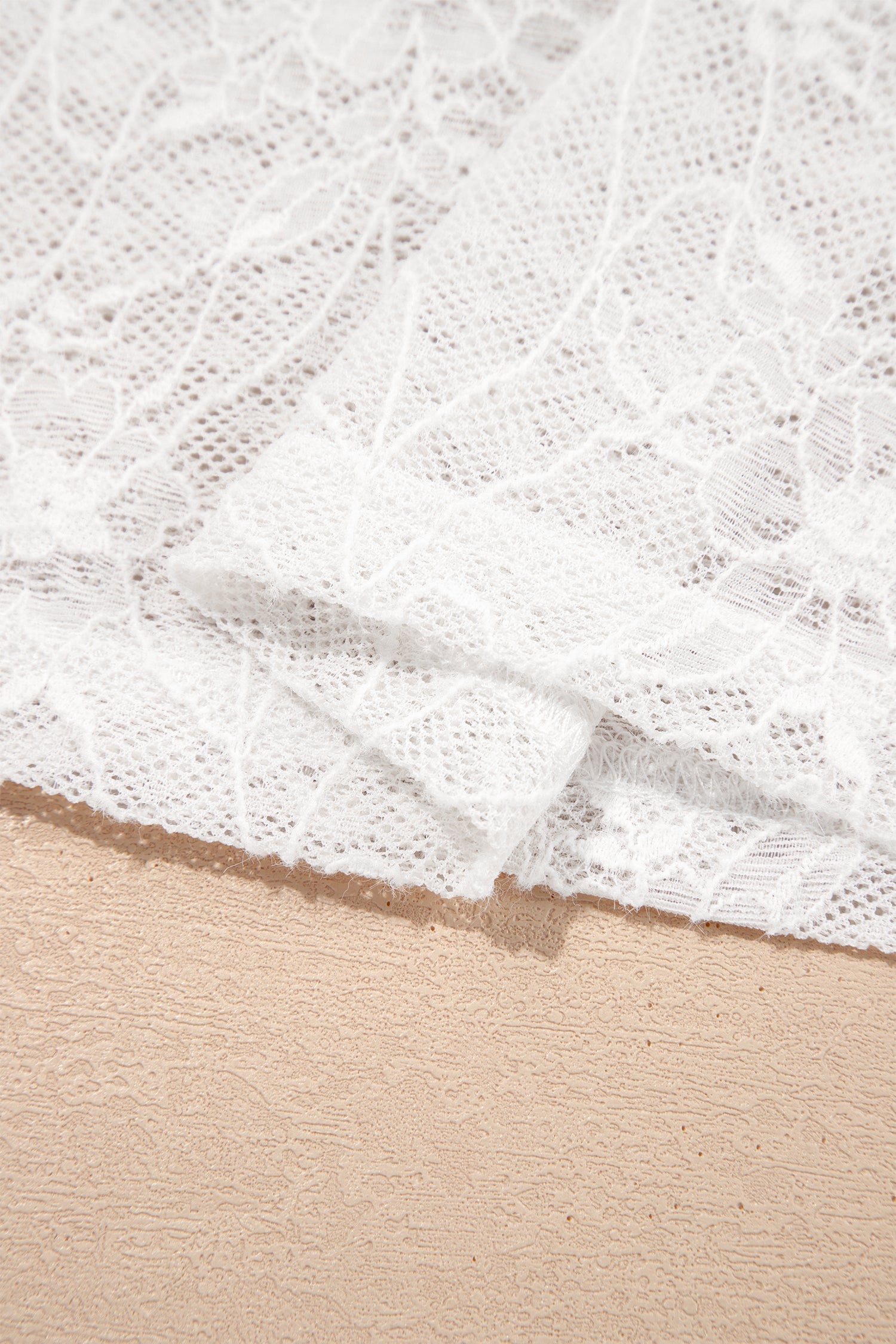 Sheer Mesh Long-Sleeved Mesh Lace Top in Beige