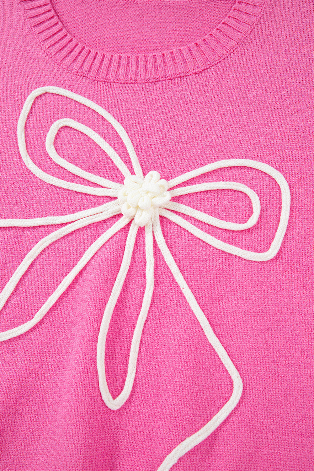 Cute Pink Corded Flower Bow Ribbed Trim Sweater