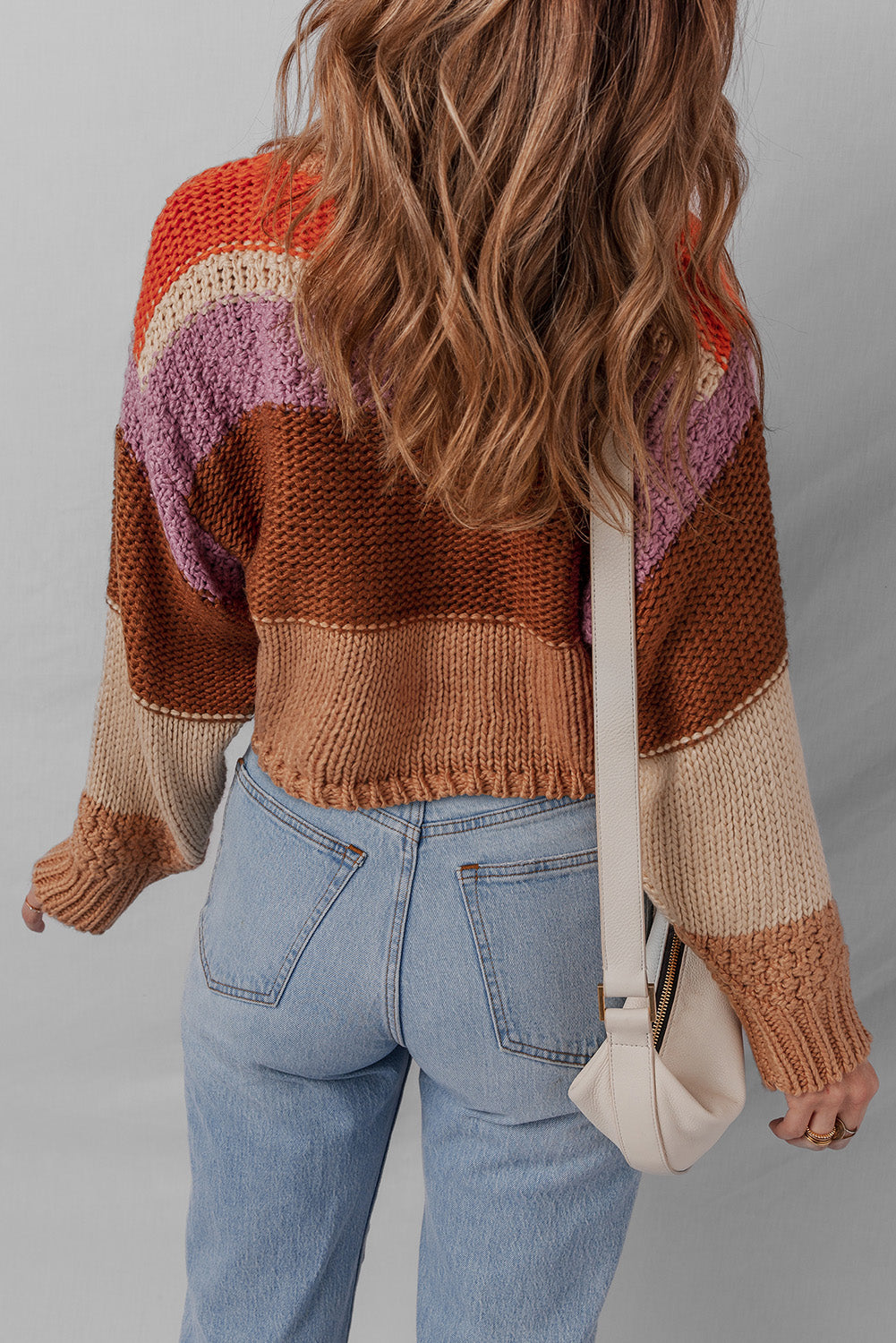 Cropped Colorblock Drop-Shoulder Chunky Knit Knit Top