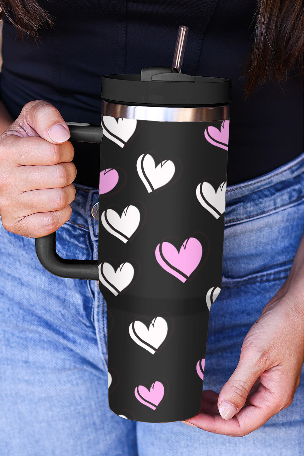 Valentines Thermos Heart Printed Cup with Handle 40oz