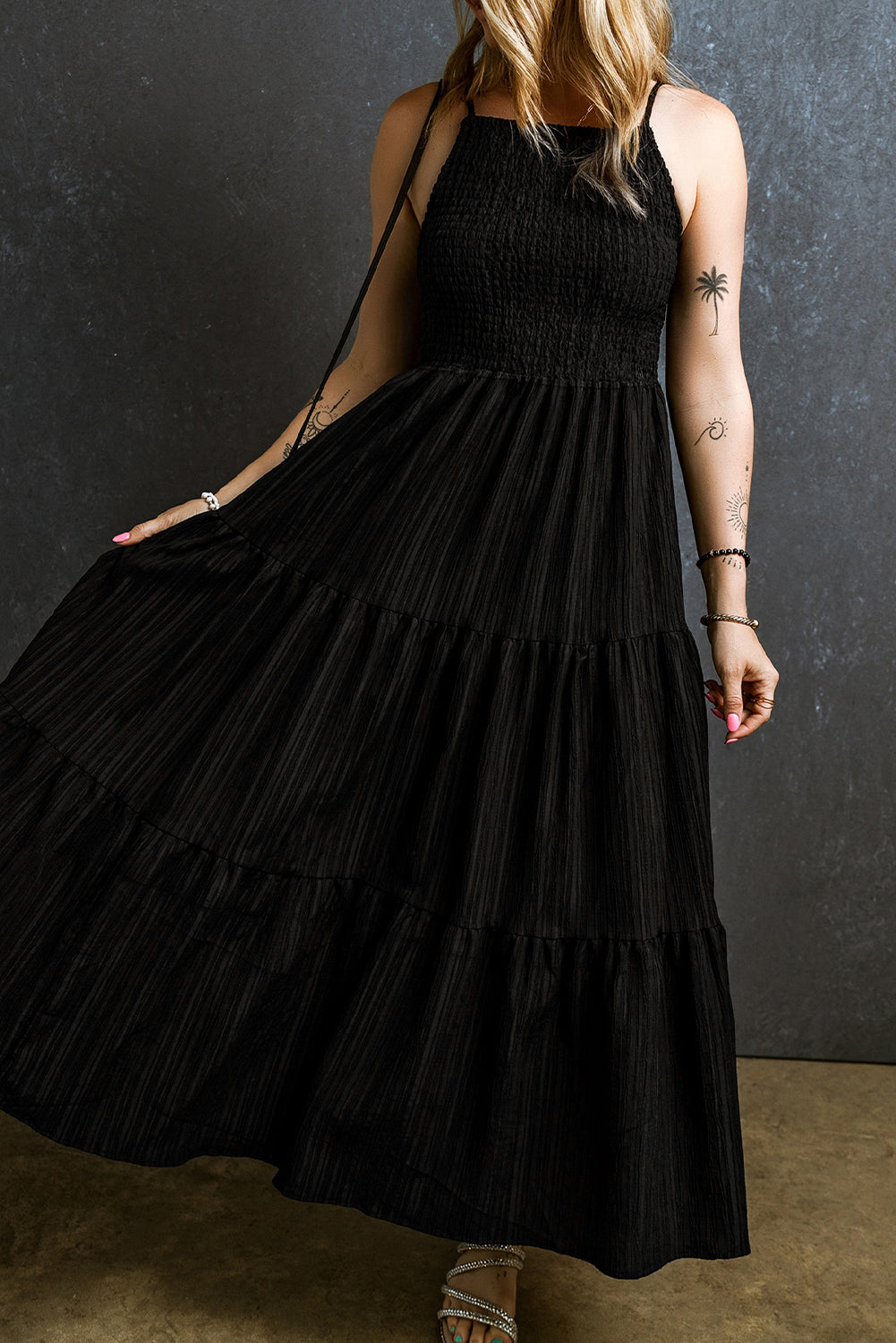 Maxi Dress for Women Layered Spaghetti Straps Pleat-Detail