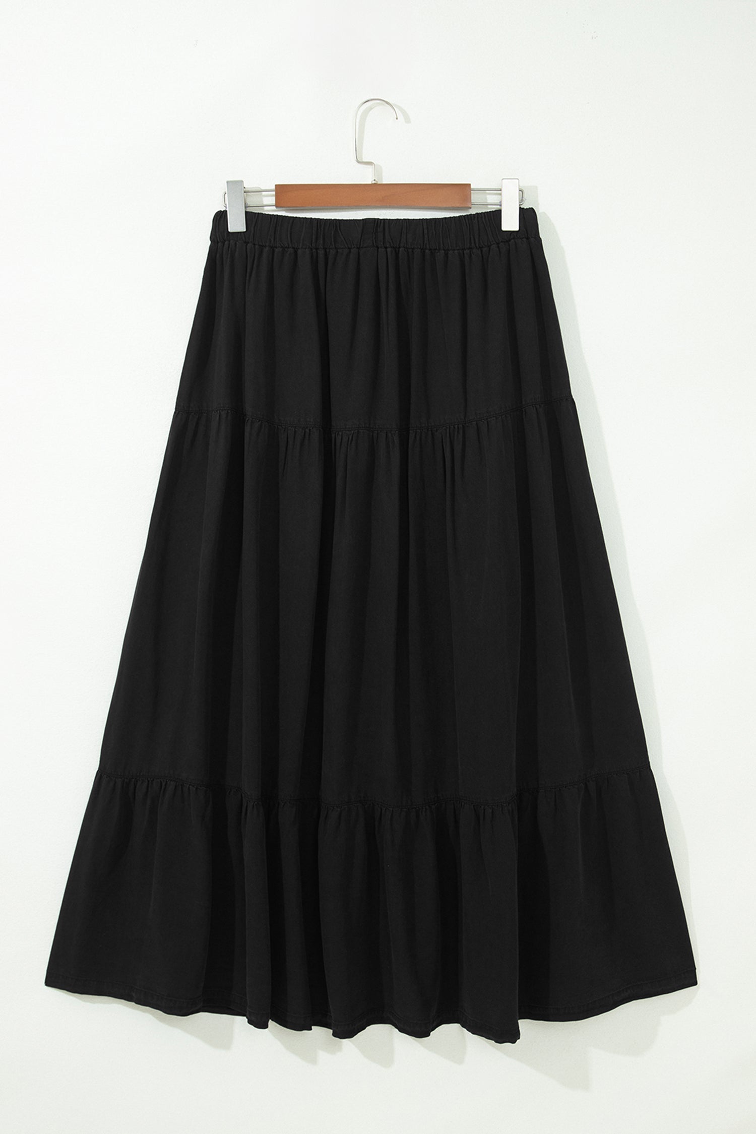 Waist Ruffled Elastic Ruffled Tiered Flared Denim Maxi Skirt in Black