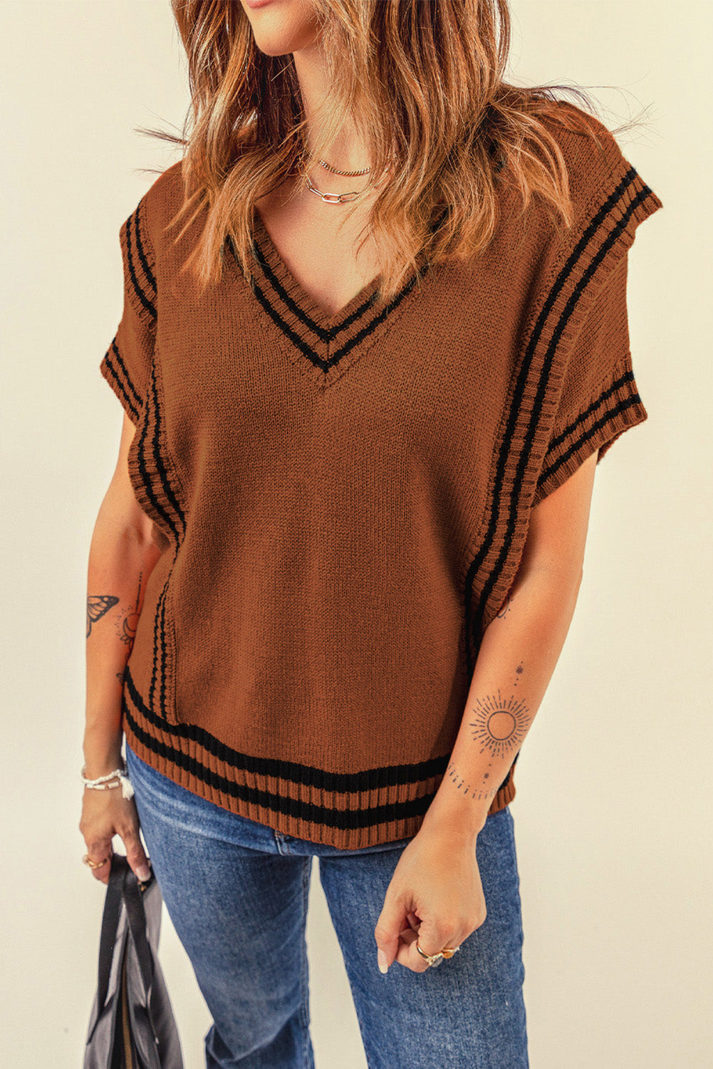 Women's Sweater with Stripes Trims Short-Sleeve