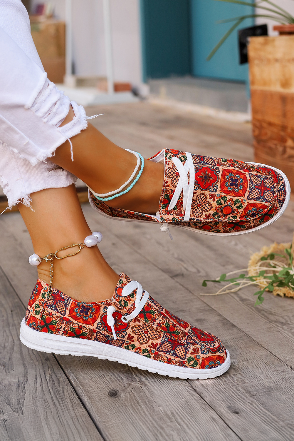 Western Printed Lacing Flat Slip On Shoes