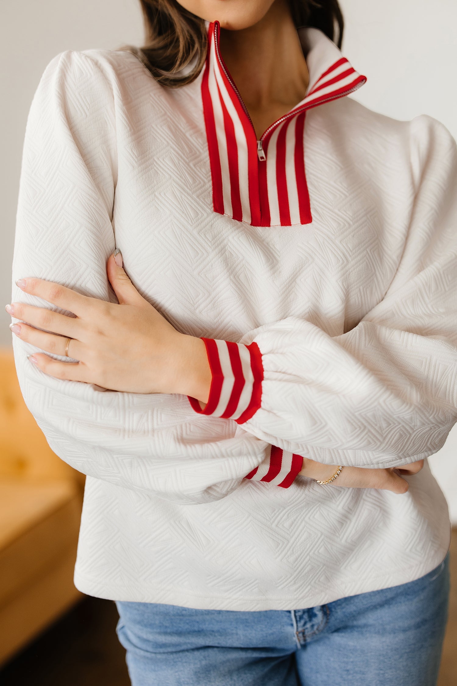 Contrast Textured Knit Striped Accent Zip Collar Pullover Top