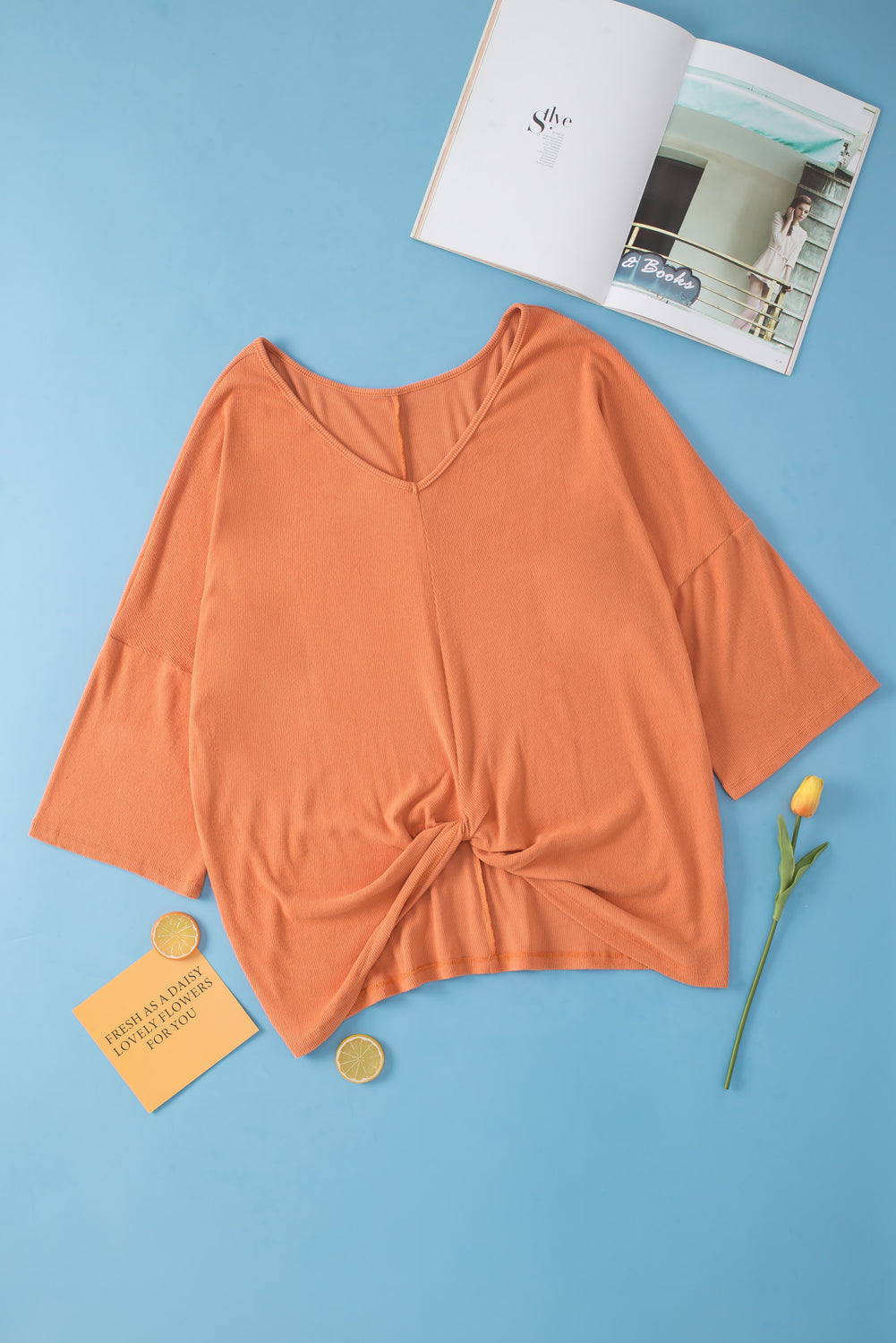 Women's Top Featuring Rib-Knitted Plus Size Twist Hem