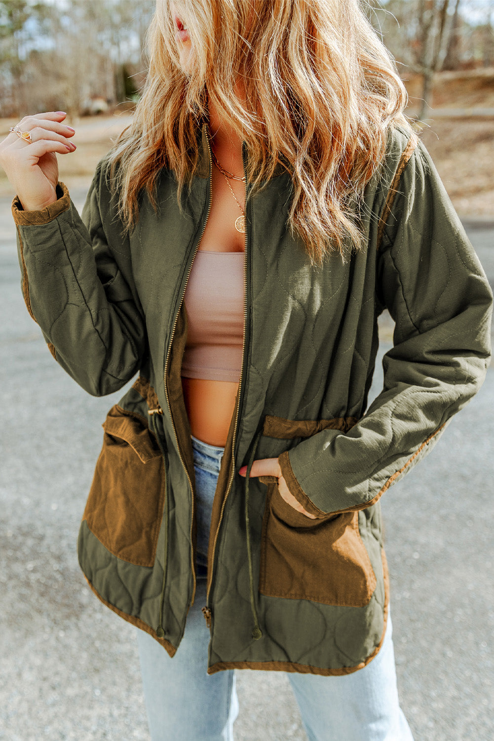 Women's Jacket Featuring Stitching Quilted Drawcord