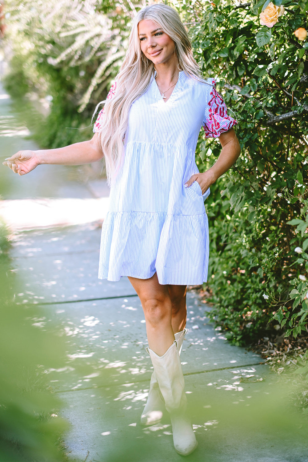 Women's Dress Featuring Balloon Sleeve Layered Ruffle-Trimmed Floral-Print