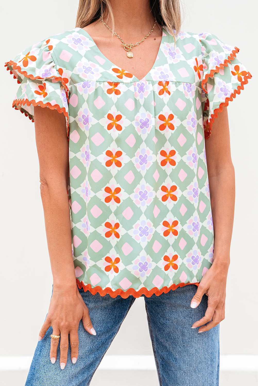 Geometric Floral Print Layered Flutter Sleeve V Neck Ric Rac Trim Blouse