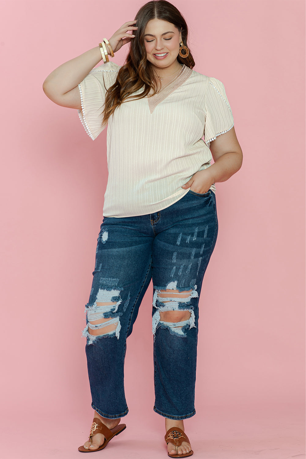 Blouse for Women Plus Contrast Guipure Lace-Trimmed Petal