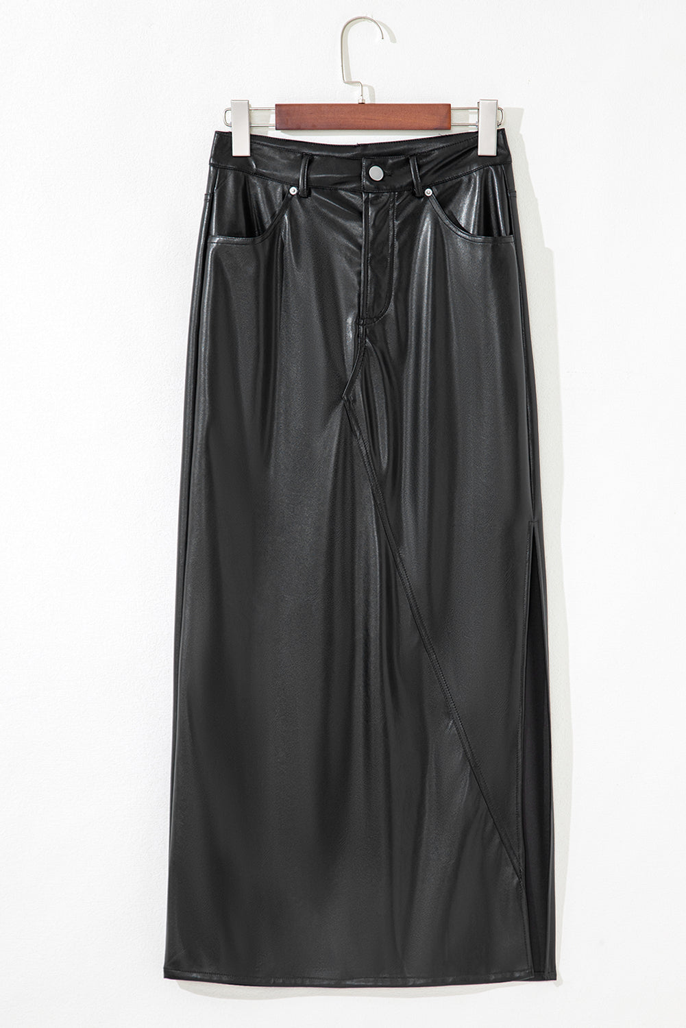 Faux Slit Leather Side Maxi Skirt in Black