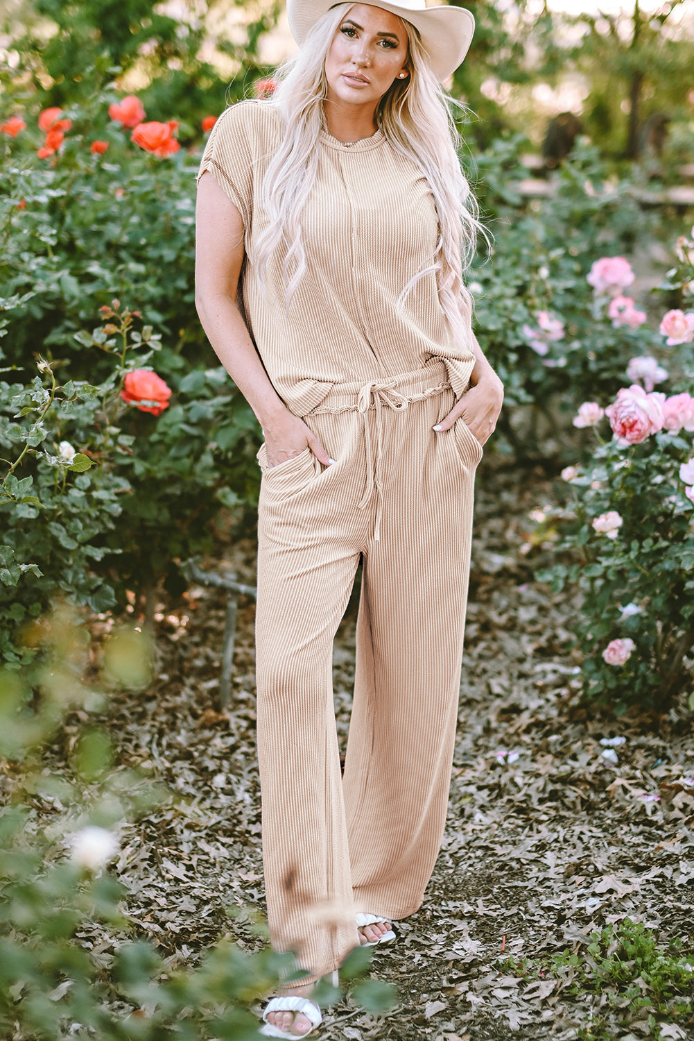 Women's Tee Pants 2-Piece Seam Rib-Knitted Outfit