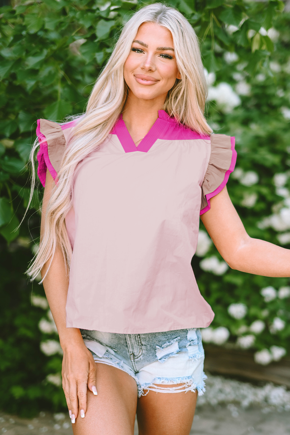 Women's Blouse with Color-Block Ruffle-Trimmed Sleeve Frill V Neck