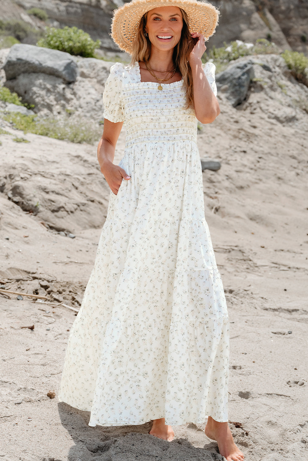 Women's Maxi Dress Featuring Layered Frill-Trimmed Shirred