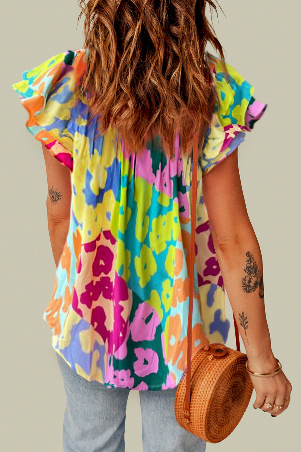 Women's Blouse with V Neck Crinkled Leopard-Print Flutter Sleeve