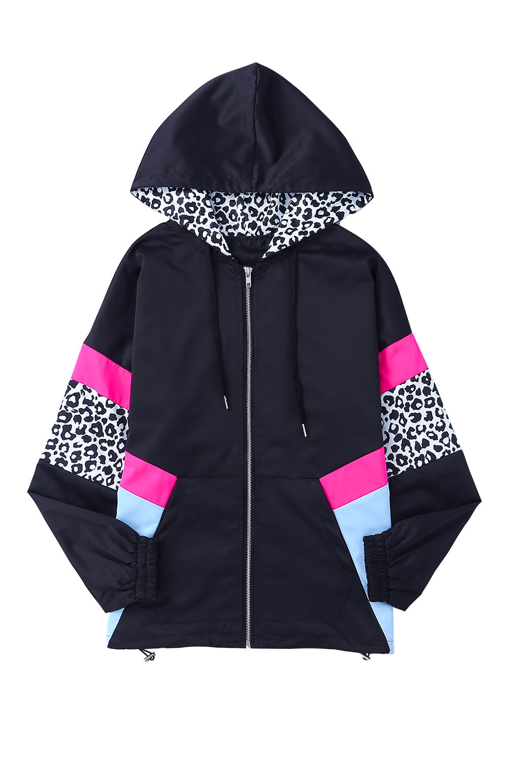 Women's Jacket with Color-Block Pockets Black Zip-Front Hooded Leopard-Print
