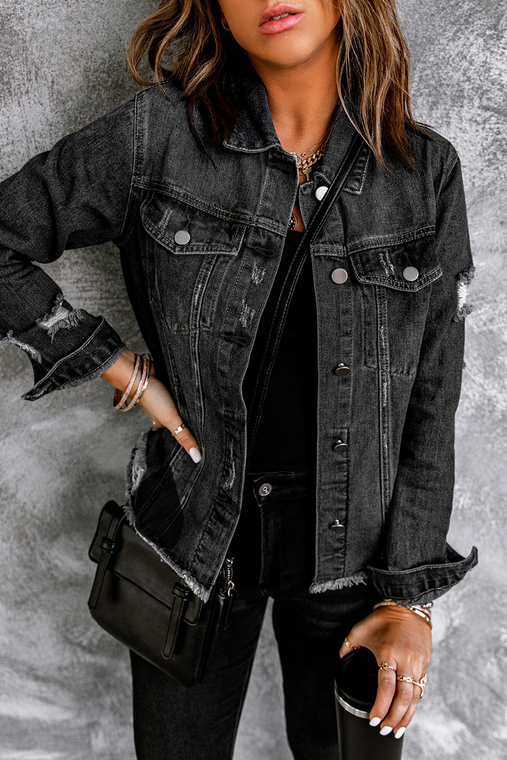 Lapel Hem Distressed Raw Buttons Denim Jacket
