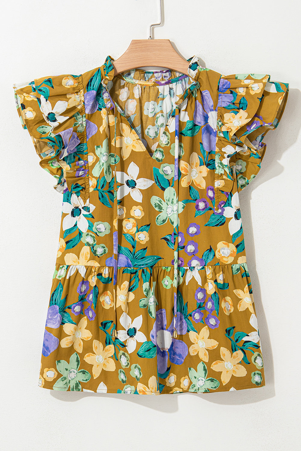 Floral-Print Sleeve Tiered Flutter V-Neck Top