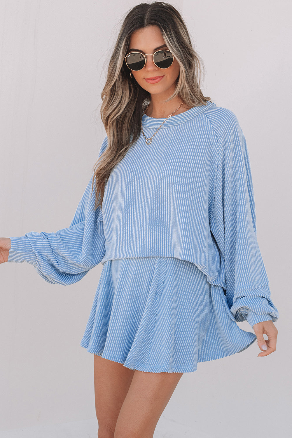 Sleeve Corded Lantern Top High-Waisted Ruffled Mini Skort Set in Sky Blue