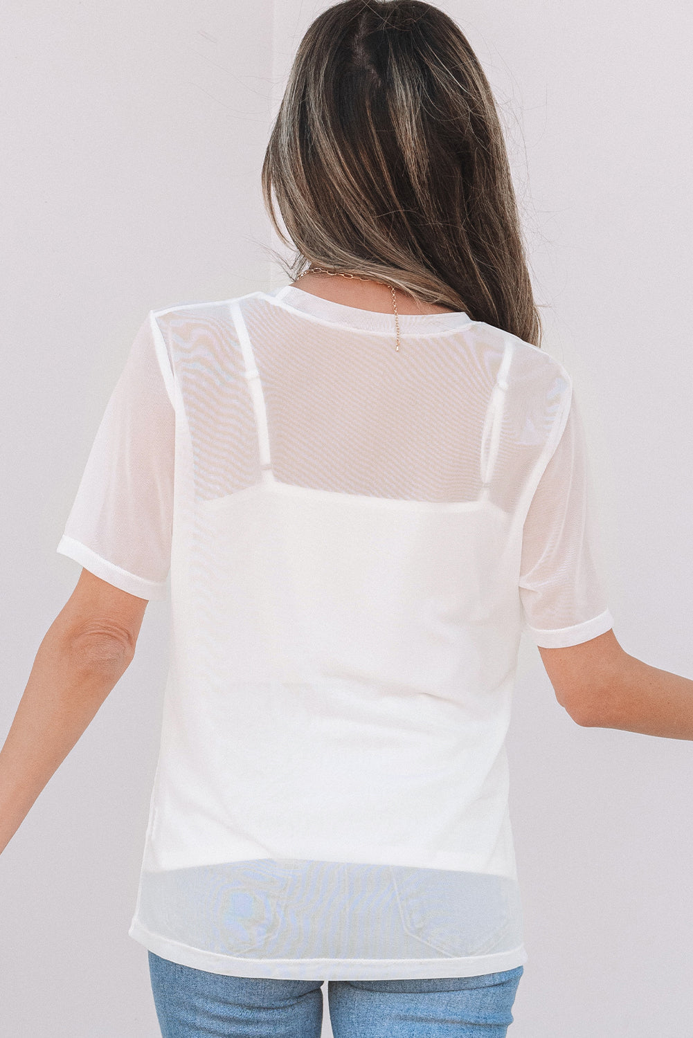 White Sheer Mesh Patchwork Short Sleeve Top