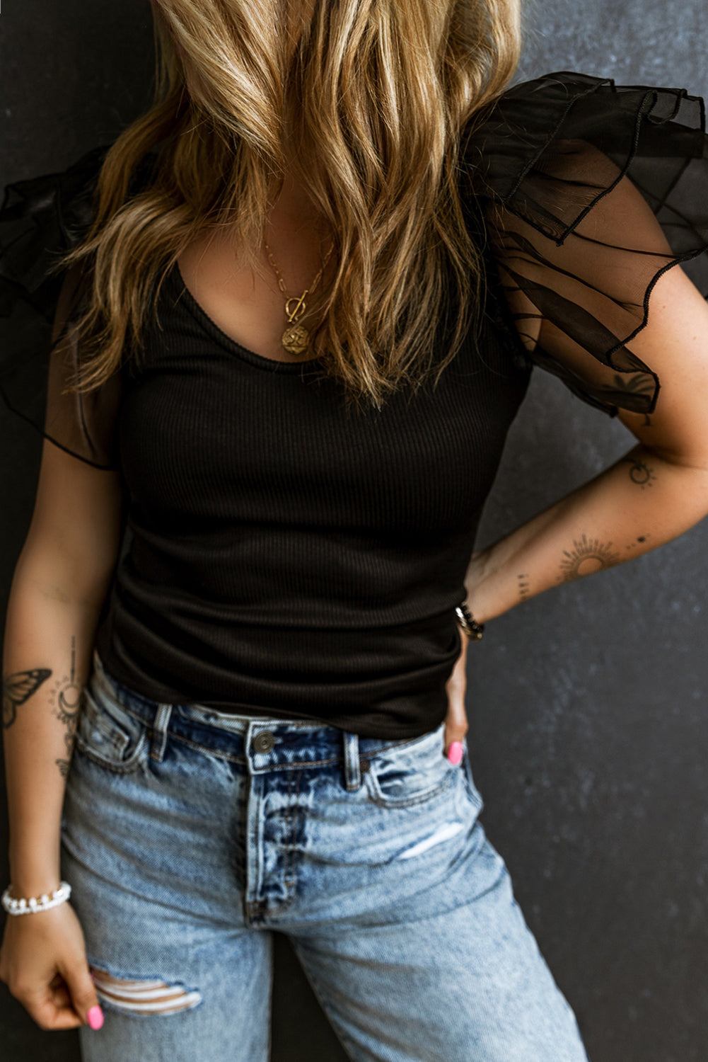 Women's Knit Top Featuring Rib-Knitted Mesh Flutter