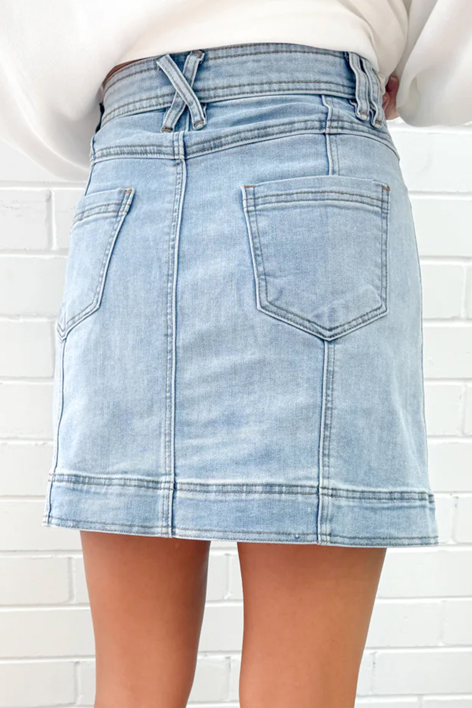 Exposed A-line Seam Detail Denim Mini Skirt in Beau Blue