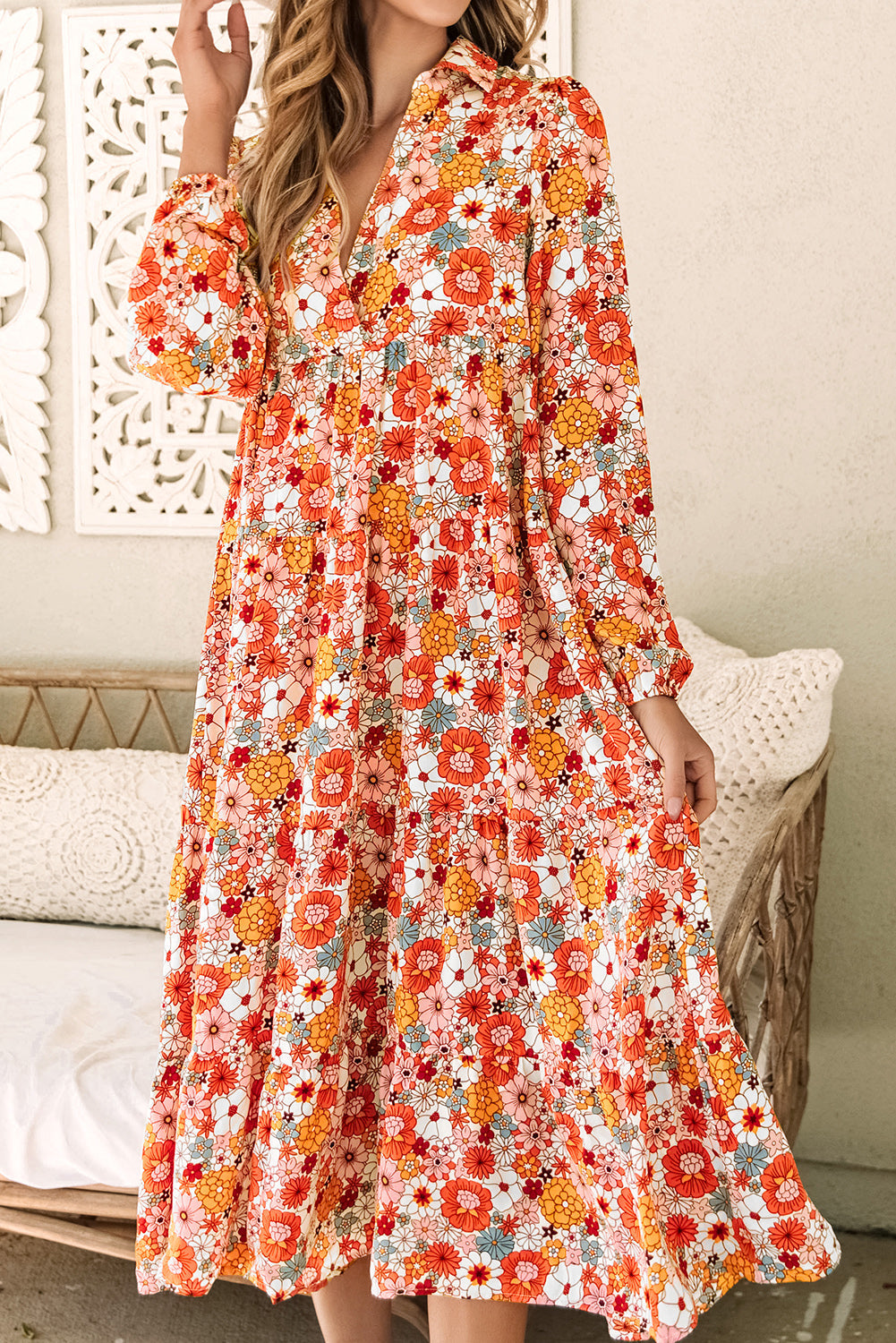 Dress for Women Collared Long-Sleeve Ruffle-Trimmed Bohemian
