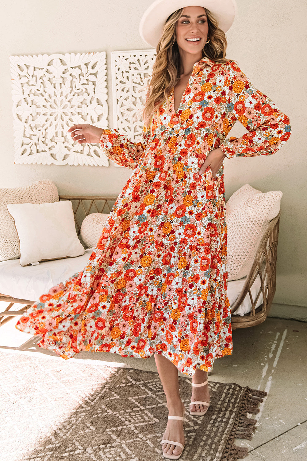 Dress for Women Collared Long-Sleeve Ruffle-Trimmed Bohemian