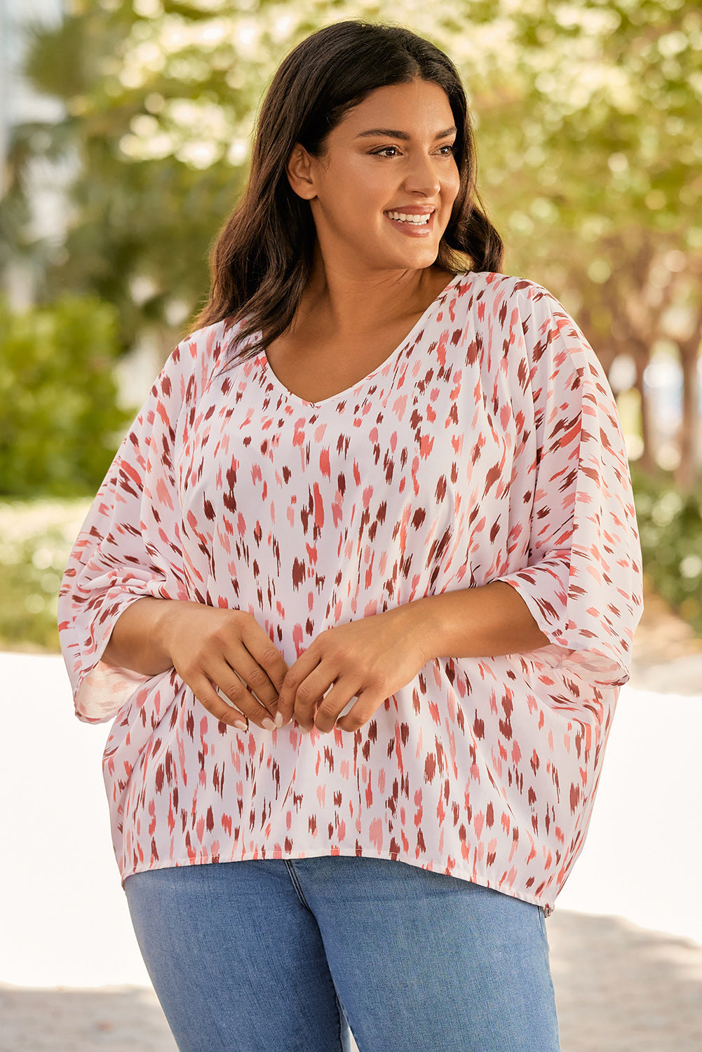 Blouse for Women 3/4 Dolman Sleeve Plus Size Printed