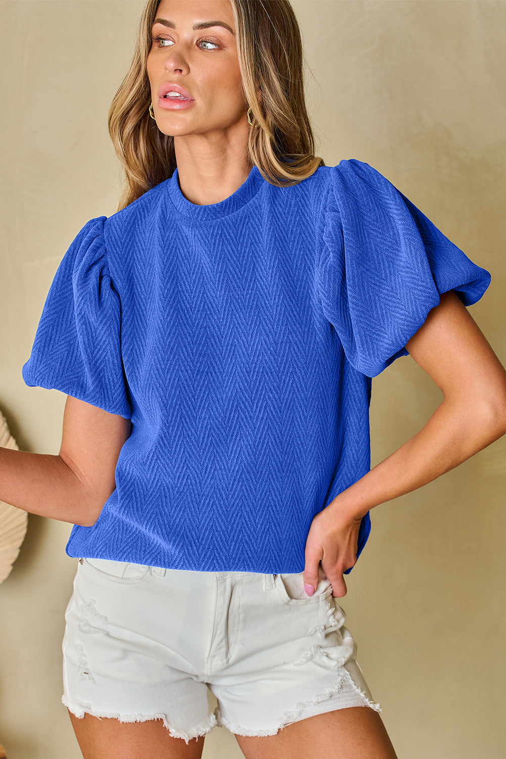Women's Blouse Featuring Balloon Sleeve Mock Neck