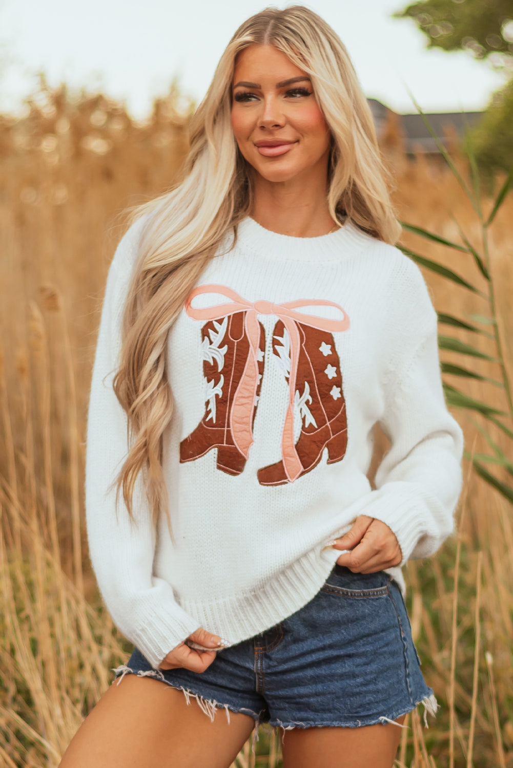 Embroidered Graphic Bow Boots Drop-Shoulder Knit Top