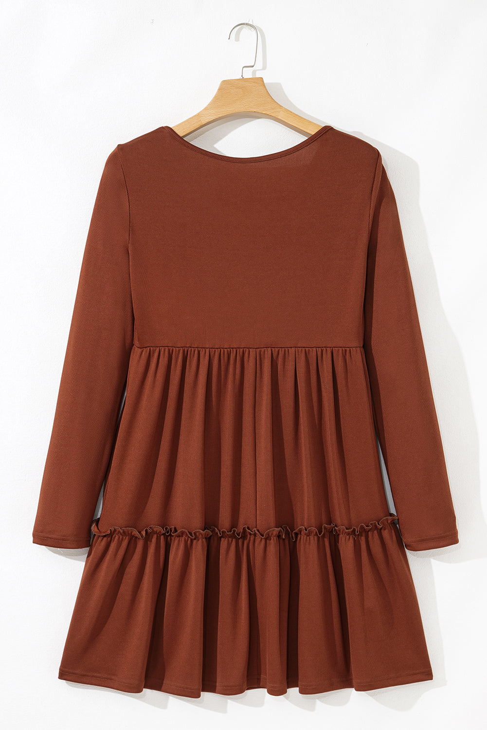 Trim Rib-Knit Frilled High-Waisted Long-Sleeved Mini Dress