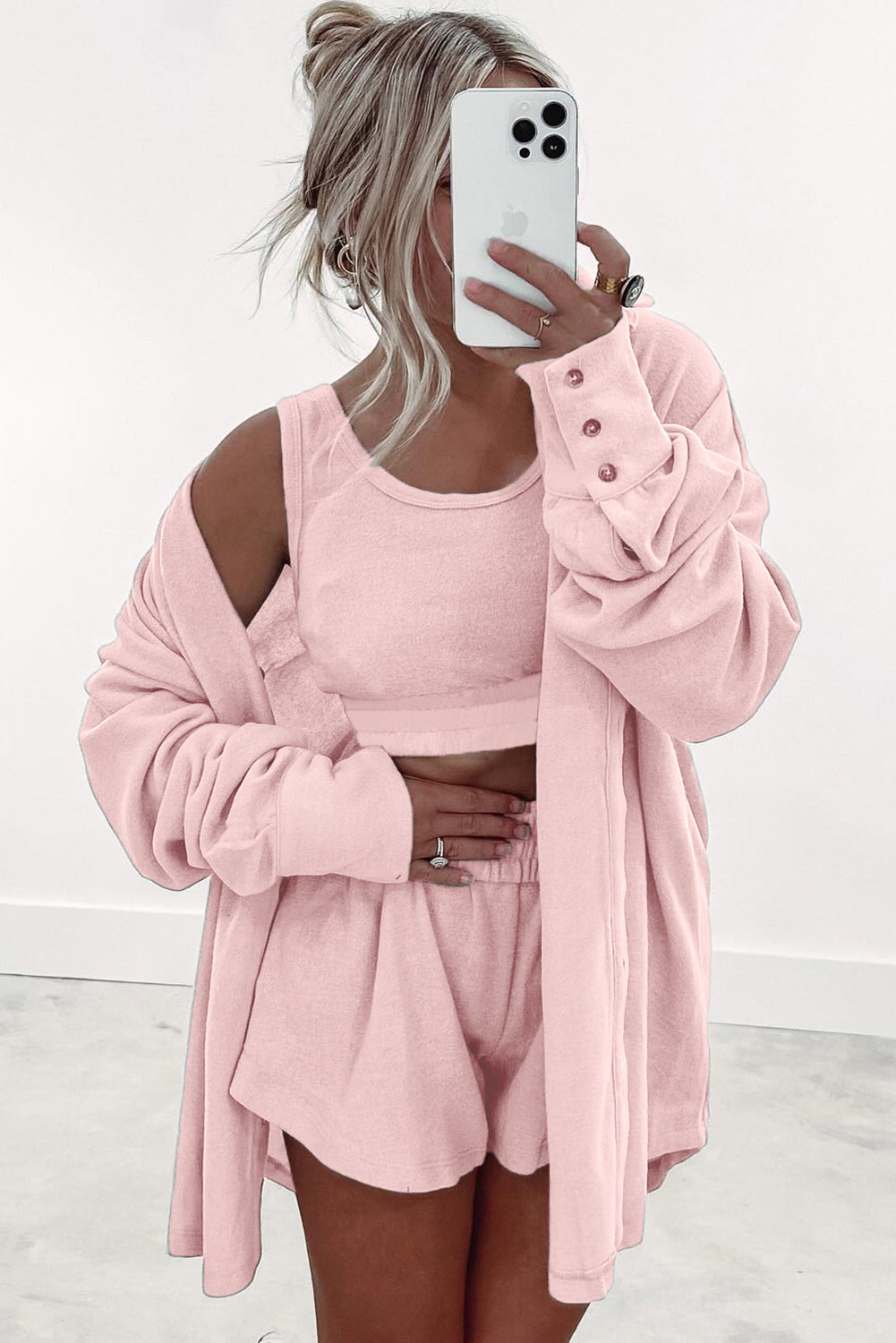 Crop 3 Pcs Tank Top Shorts with Cardigan Lounge Set in Pink
