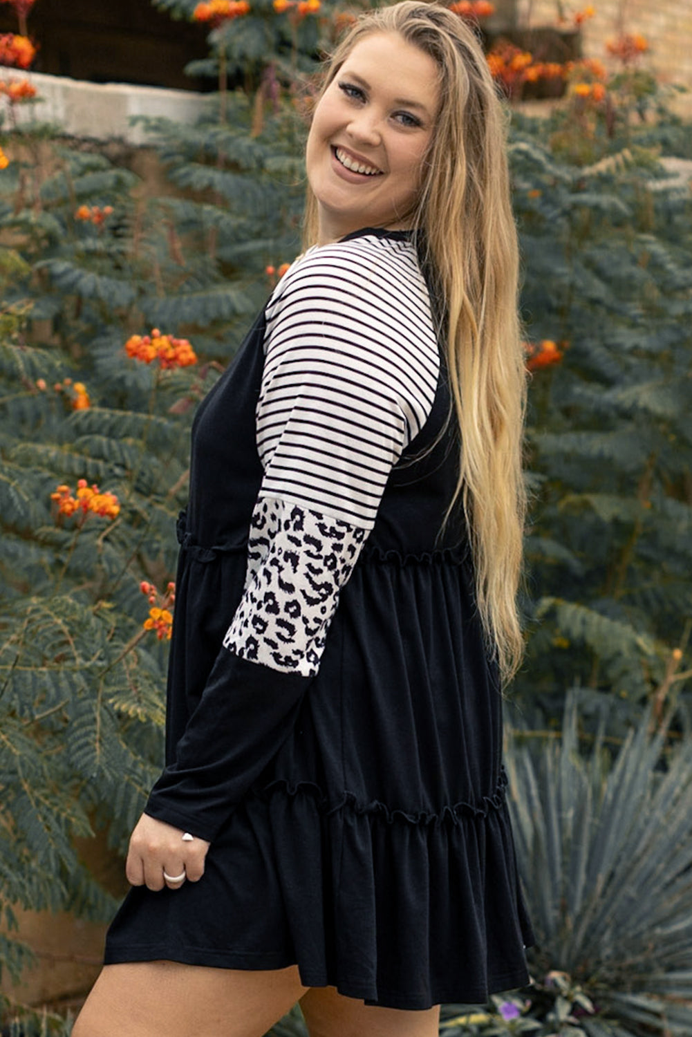 Women's Dress Featuring Striped Layered Plus Size