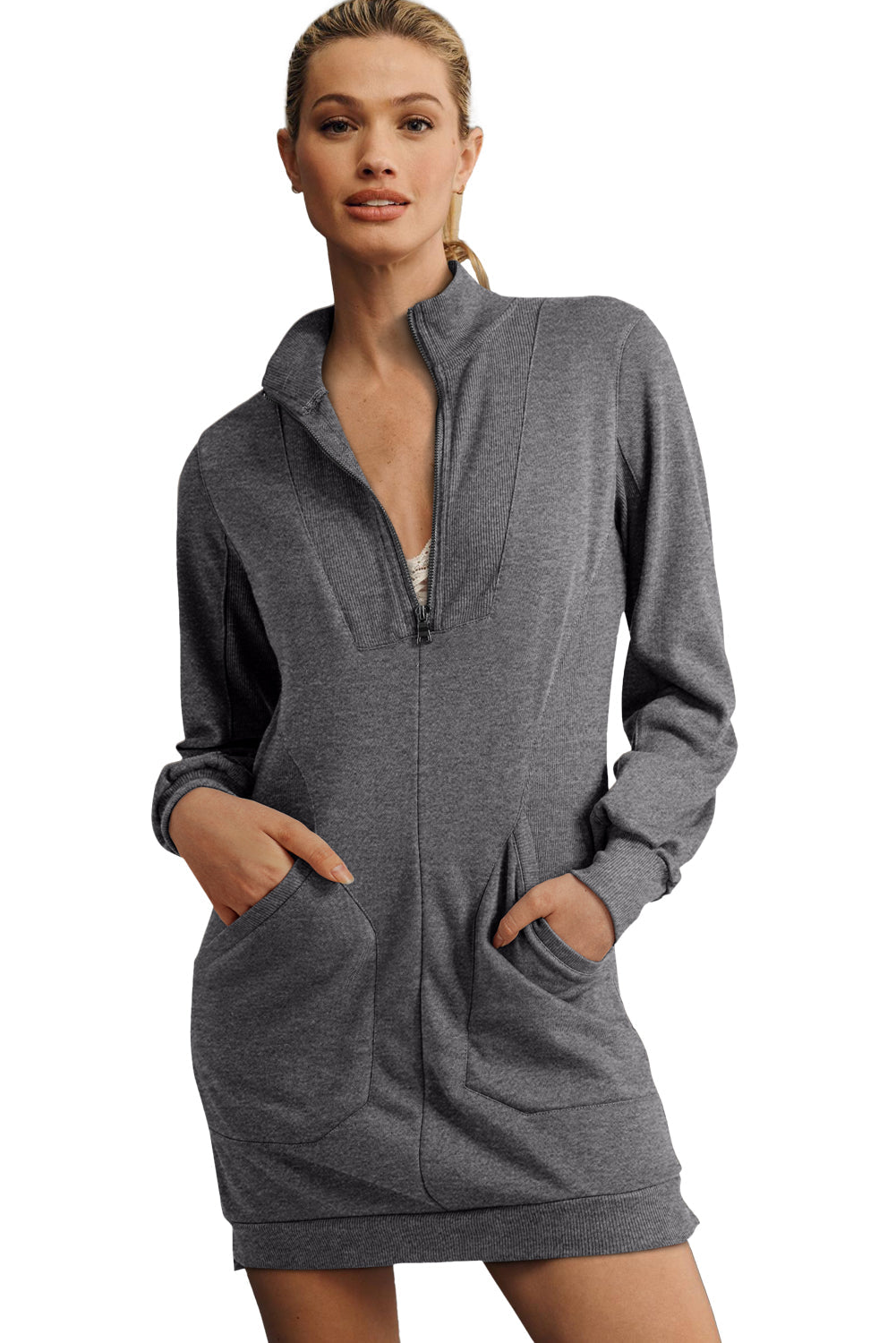Zip-Front Patchwork Collared Rib-Knit Sweatshirt Dress Featuring Pockets
