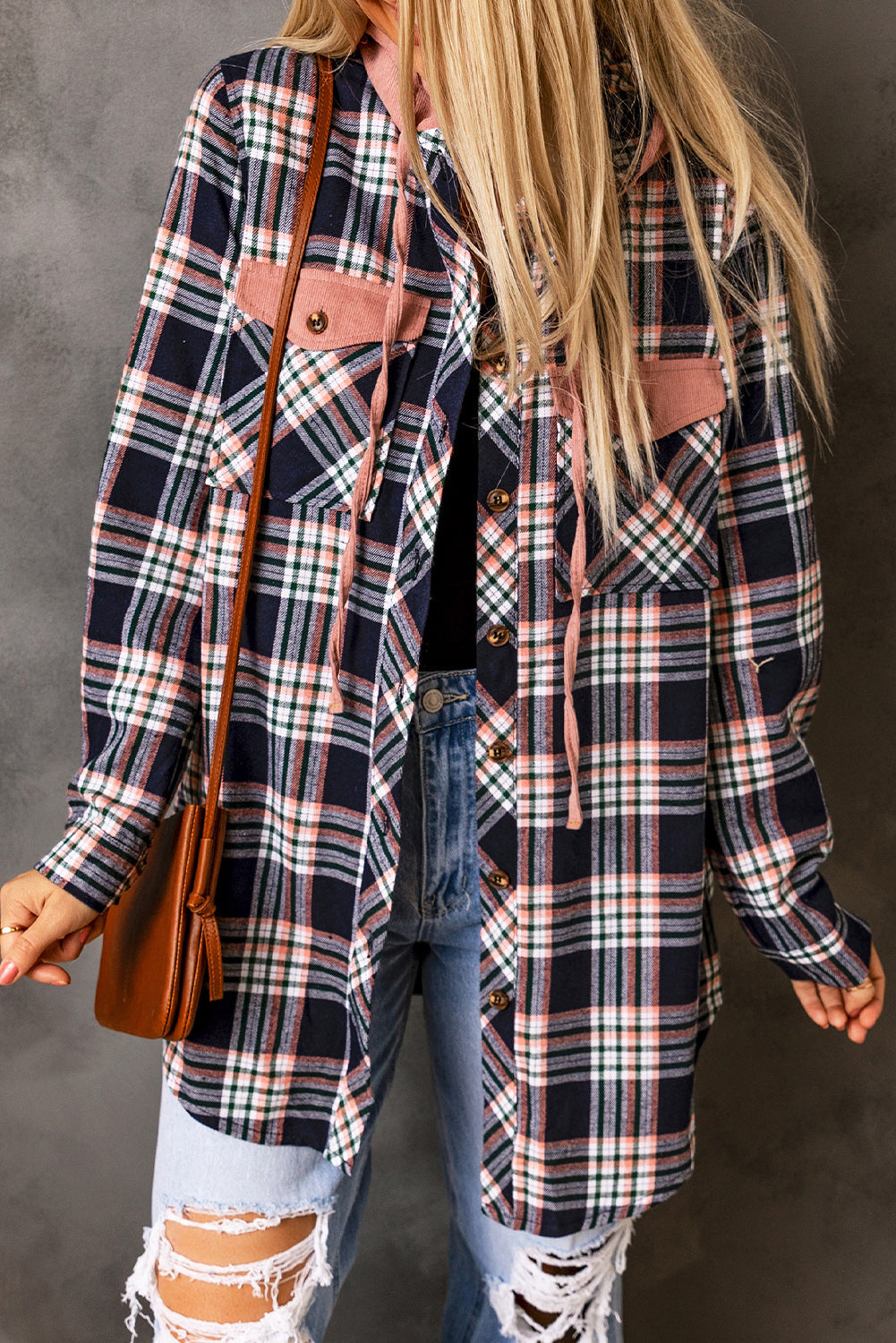 Women's Shacket with Hooded Drawcord Plaid