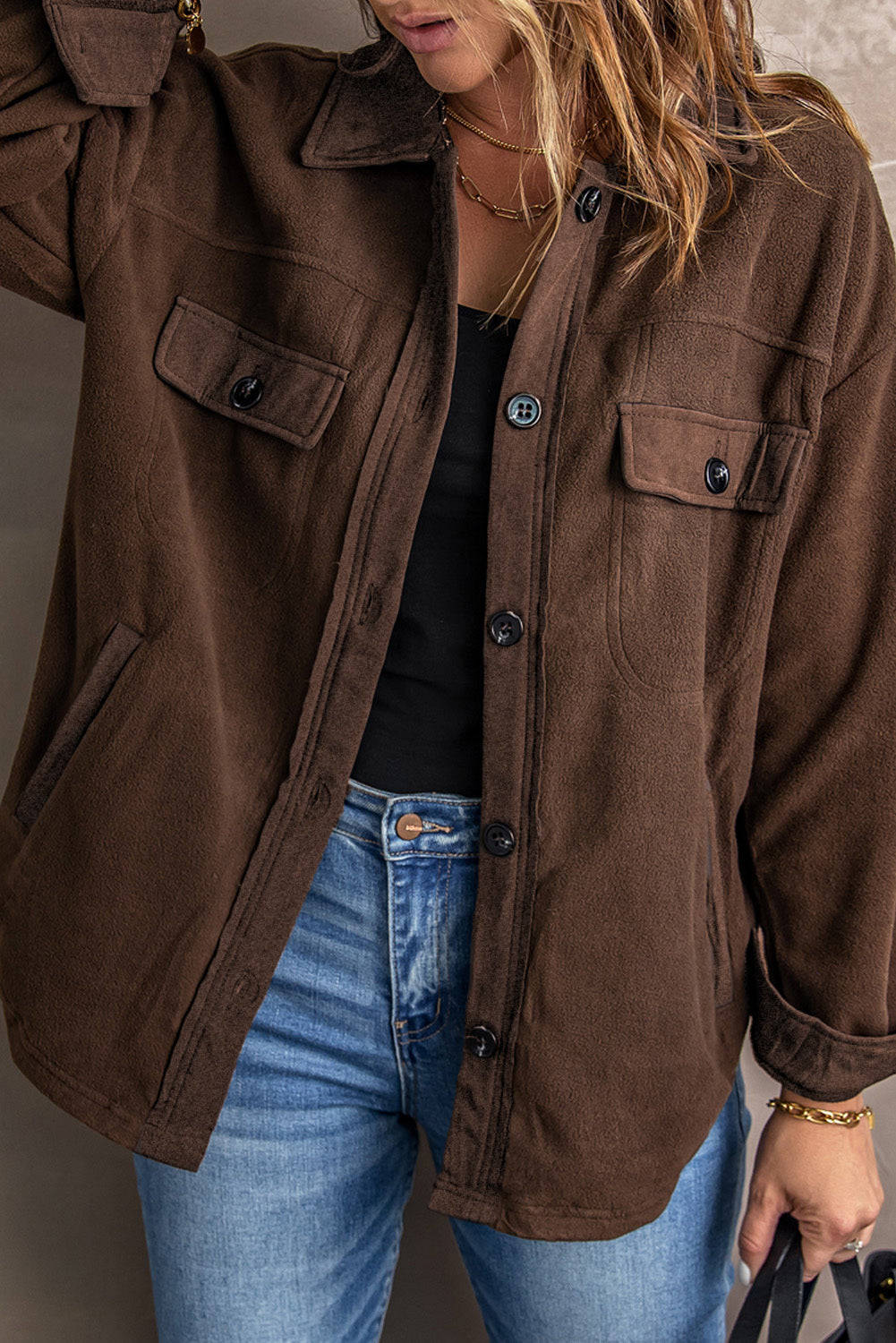 Women's Shirt Jacket Featuring Collar Turn Down