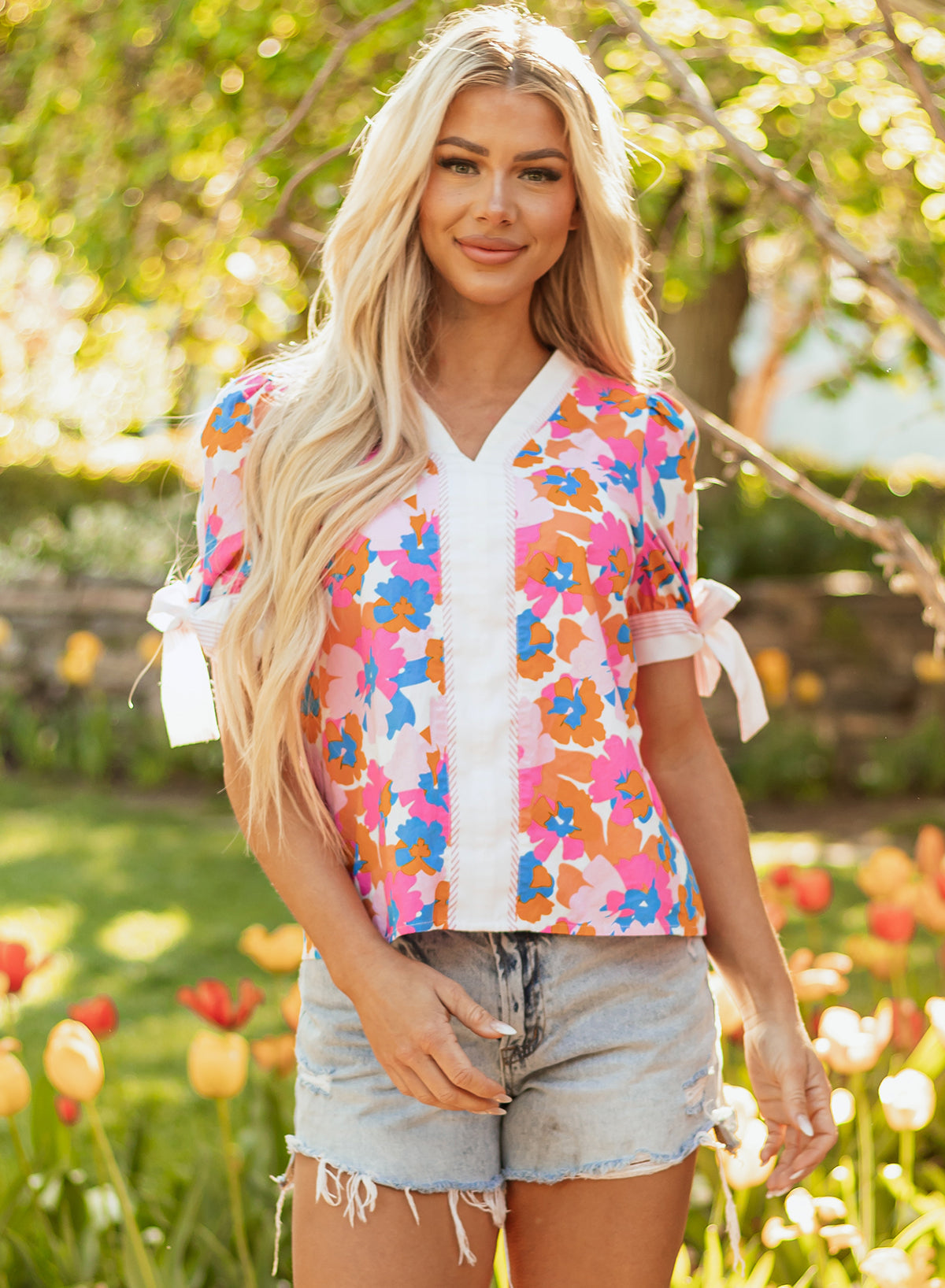 Floral Colorblock Striped Edge V-Neck Knotted Short-Sleeved Blouse