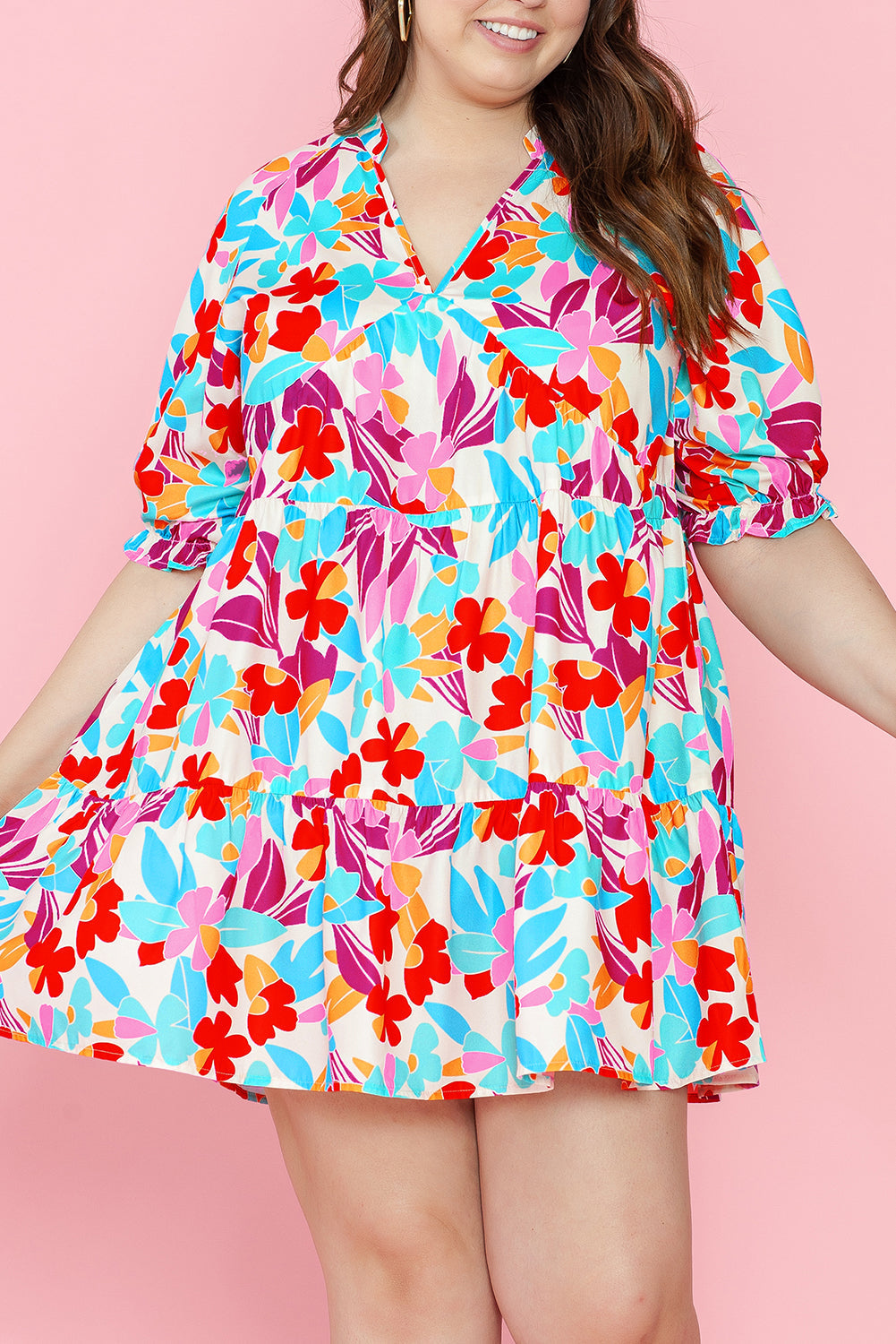 Women's Dress with Plus Floral-Print Layered V Neck