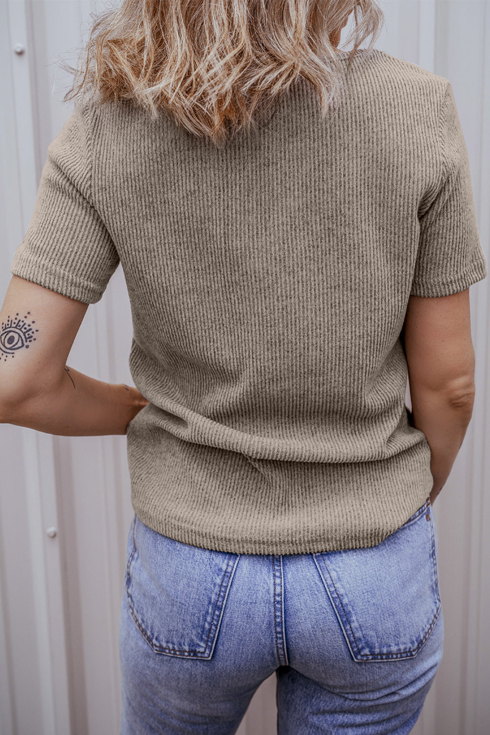 Women's Tee Featuring Rib-Knitted Strappy V Neck