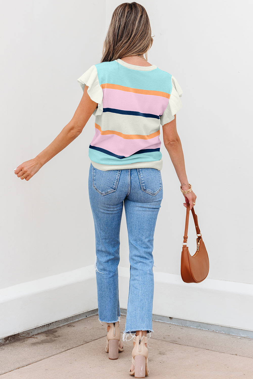 Flutter Striped Colorblock Sleeve Patchwork Knit Top Top