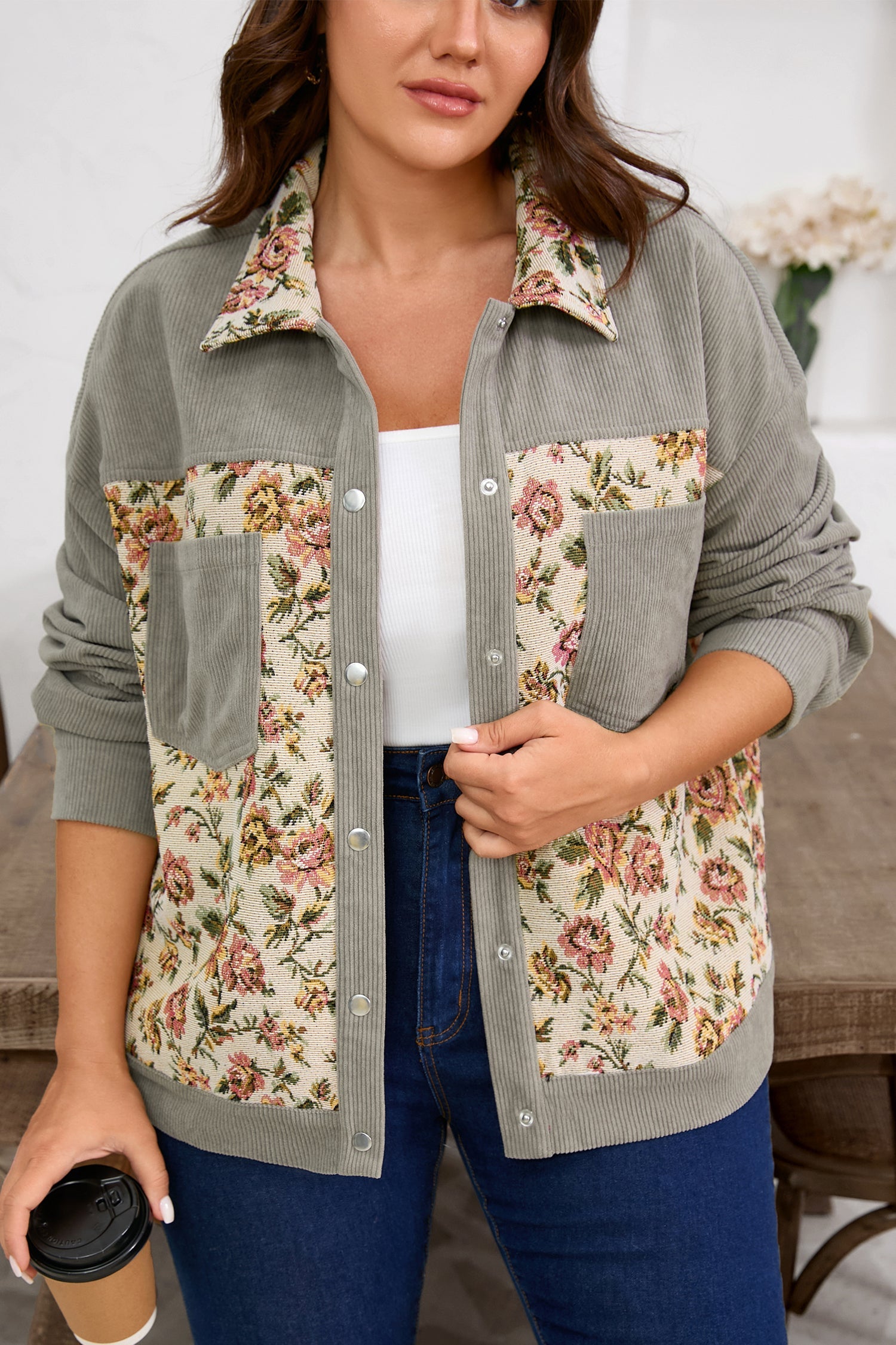Grey Floral Medium Floral Patchwork Retro Corduroy Jacket