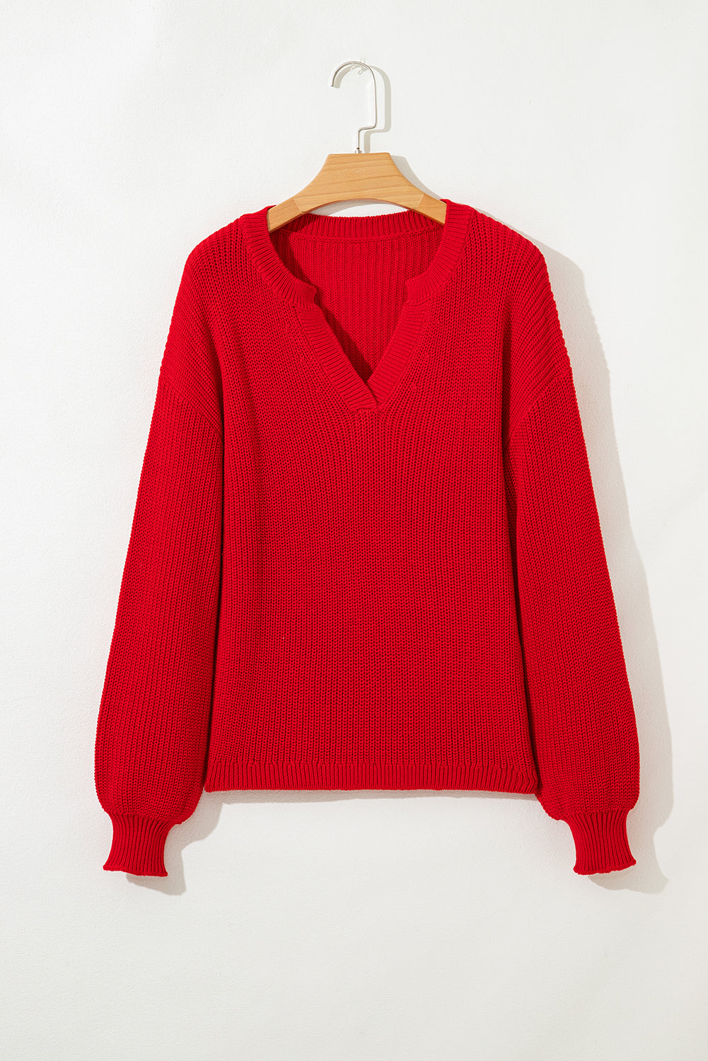 Solid Textured Knit V-Neck Drop-Shoulder Knit Top in Red
