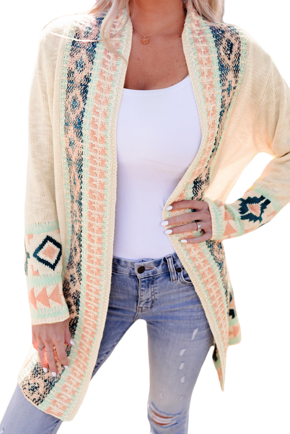 Women's Aztec Khaki Western Print Open Front Cardigan