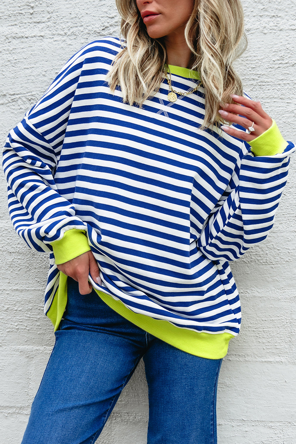 Striped Contrast Rib-Knit Trim Crossed Stitch Drop-Shoulder Sweatshirt Style