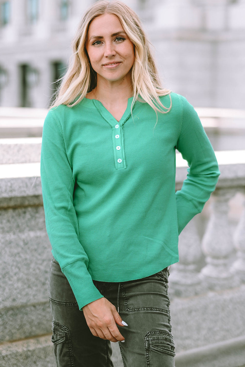 Women's Henley Top with Trimmed Waffle Knitted