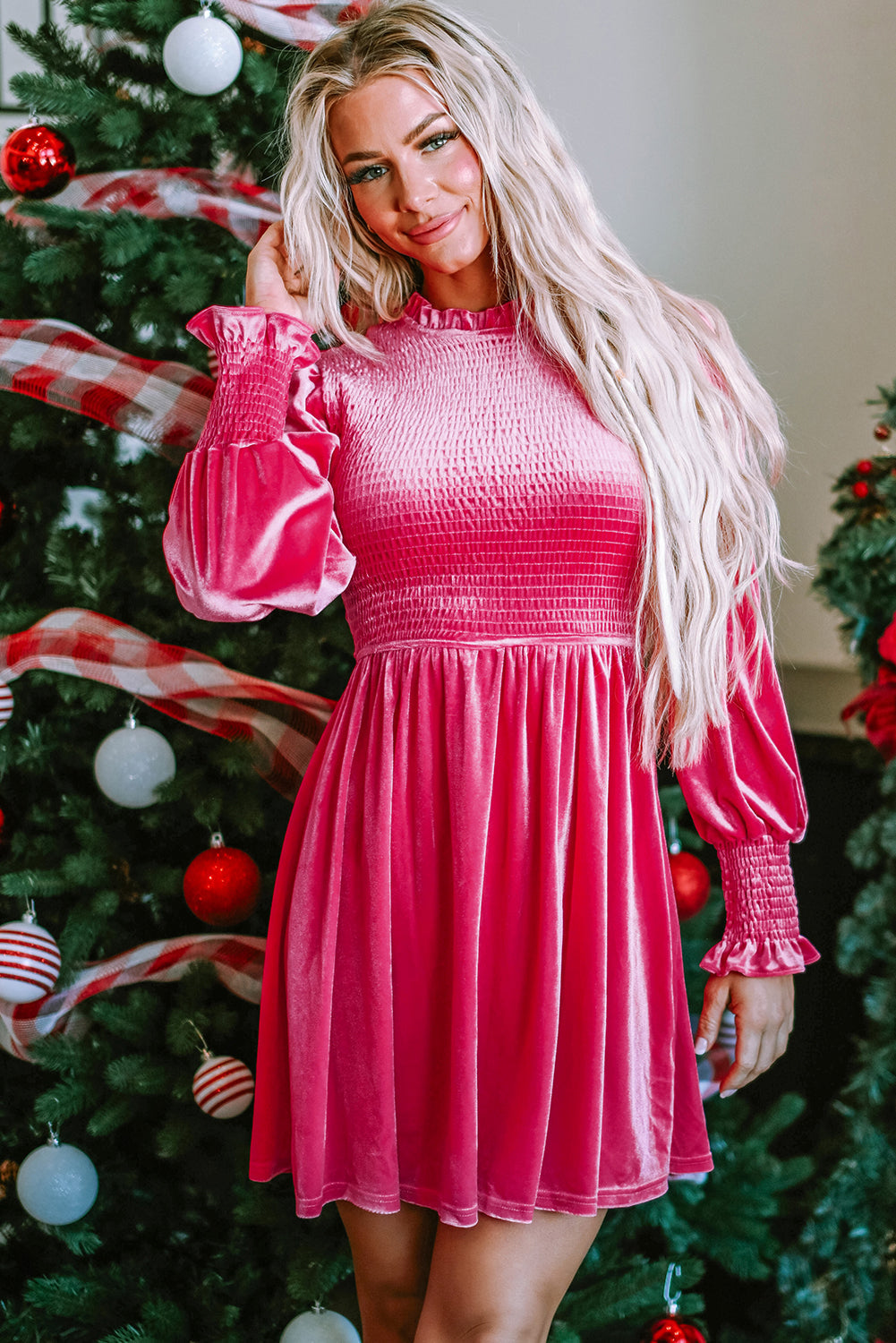 Women's Frill-Trimmed Neck Shirred Velvet Dress