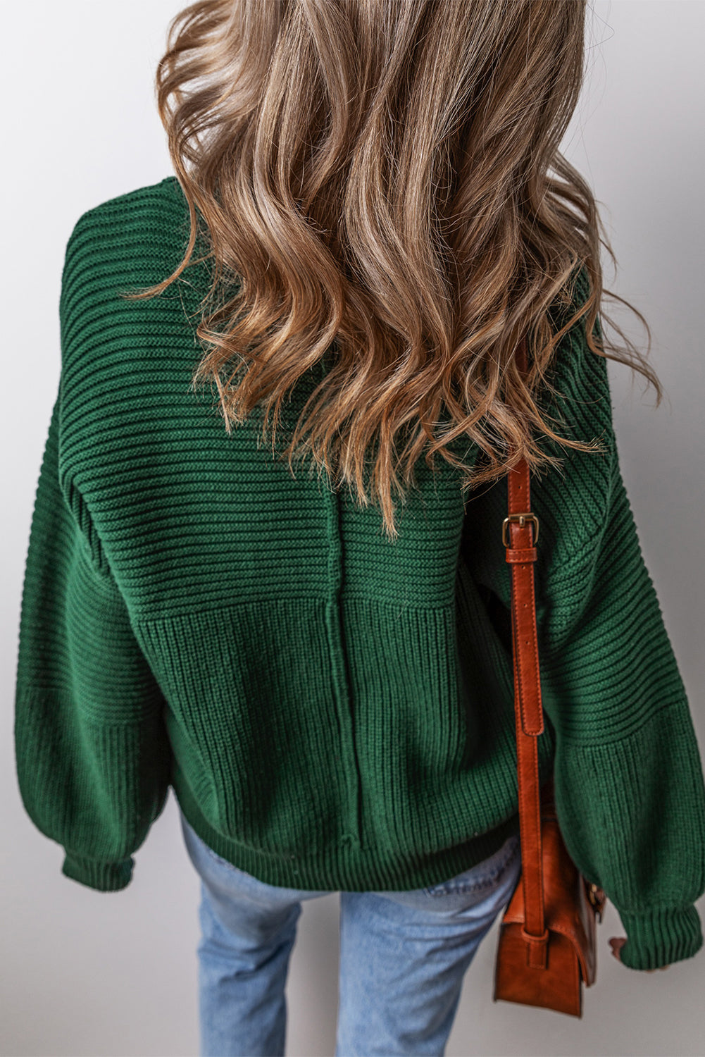 Textured Knit Crewneck Lantern Sleeve Sweater